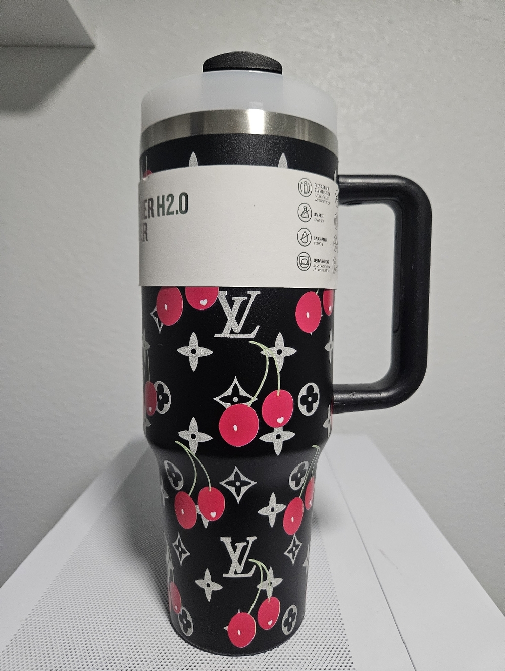 Custom Cherry Monogram Travel Tumbler - Black & Red